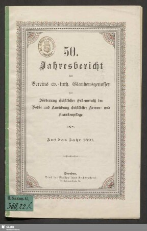 50.1891: Jahresbericht des Vereins Ev.-Luth. Glaubensgenossen zur Förderung Christlicher Erkenntnis im Volke und Ausübung Christlicher Armen- und Krankenpflege