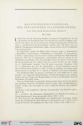 Joachim Kirchner: Das Staveloter Evangeliar der Preussischen Staatsbibliothek