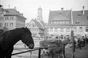 Biberach: Pferdemarkt, Hintergrund Turm der Kirche