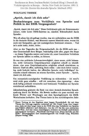 'Sprich, damit ich dich sehe'. Beobachtungen zum Verhältnis von Sprache und Politik in der DDR-Vergangenheit
