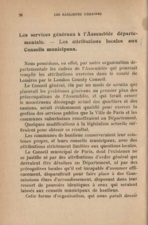 Les services généraux à l'Assemblée départementale. - Les attributions locales aux Conseils municipaux.