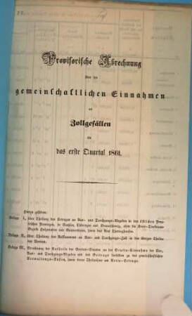 Provisorische Abrechnung über die gemeinschaftlichen Einnahmen an Zollgefällen : für .... 1861, 1 = Quartal 1