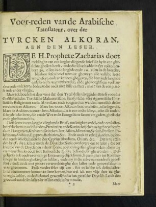 Voor-reden van de Arabische Translateur, over der Tvrcken Alkoran, aen den Leser.