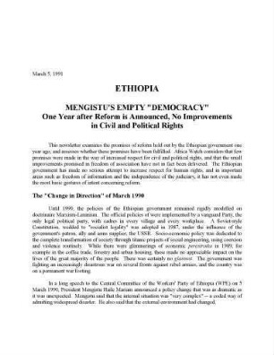 Mengistu's empty "democracy" : one year after reform is announced, no improvements in civil and political rights