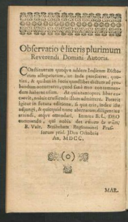 Observatio e literis plurimum Reverendi Domini Autoris.