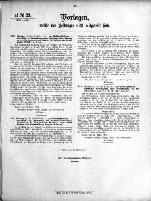 Anlage: ad No.23 (420-422.), Vorlagen, welche den Zeitungen nicht mitgeteilt sind