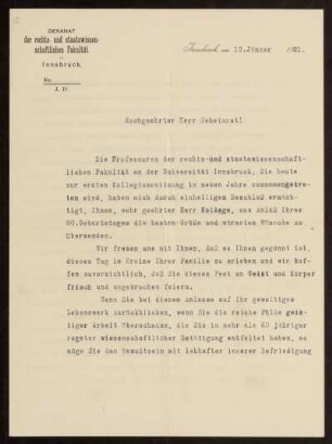 74: Brief von Max Kulisch (Rechts- und Staatswissenschaftliche Fakultät der Universität Innsbruck) an Otto von Gierke, Innsbruck, 10.1.1921