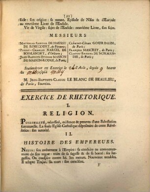 Exercices publics et distribution générale des prix, dans le collège des chanoines reguliers de l'abbaye royale de S. Vincent de Senlis pour l'année ..., 1769