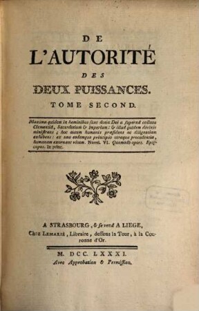 De L'Autorité Des Deux Puissances, 2