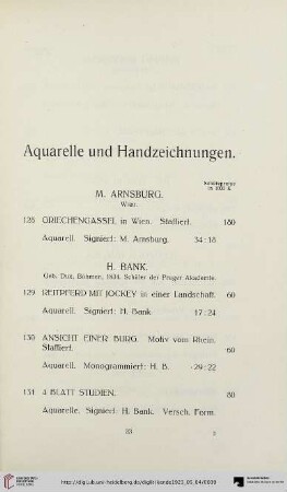 Aquarelle und Handzeichnungen (Nr. 128-184)