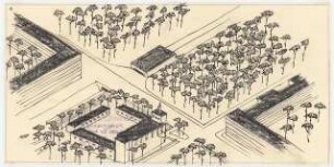 Kirche, Berlin-Zehlendorf Projekt I: Perspektivische Ansicht (Vogelschau) mit umliegender Bebauung (Alternative zu Inv.Nr. 9197)