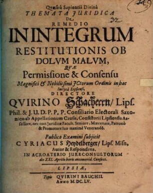 Themata iur. de remedio in integrum restitutionis ob dolum malum