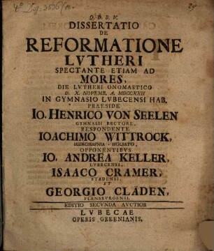 Diss. de reformatione Lutheri Spectante etiam ad mores