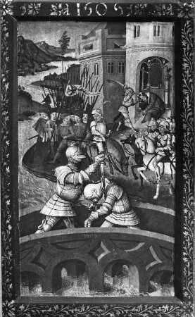 Kreuzigungsaltar : Kreuzigungsaltar. Holz, geschnitzt, gefaßt, bemalt (1505, 1605, 1668). Flügel mit Kampfszene (bez. 1605). Neuberg an der Mürz, Ehemals Zisterzienserstiftskirche Mariae Himmelfahrt
