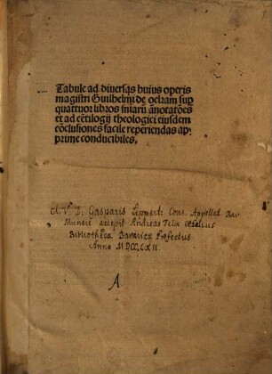 Argutissimi atq[ue] ingeniosissimi ta[m] philosophicaru[m] q[uam] theologicaru[m] difficultatu[m] disq[ui]sitoris mag[ist]ri Guilhelmi de ocka[m] anglici: sup[er] quattuor libros sente[n]tiaru[m] subtilissime questio[n]es ... incoant