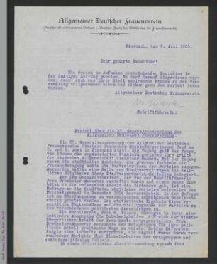 Pressebericht zur 33. Generalversammlung des ADF 1925 in Eisenach