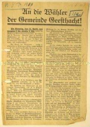 Programmatischer Wahlaufruf der Unabhängigen Sozialdemokratischen Partei Deutschlands anlässlich der Gemeindewahlen in Geesthacht