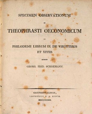 Specimen Observationum in Theophrasti Oeconomicum et Philodemi librum IX de virtutibus et vitiis