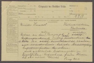 Telegramm von Prinz Max von Baden an Hermann Hummel; Aufnahme von nichtbadischen Staatsangehörigen [in der Salemer Schule?]