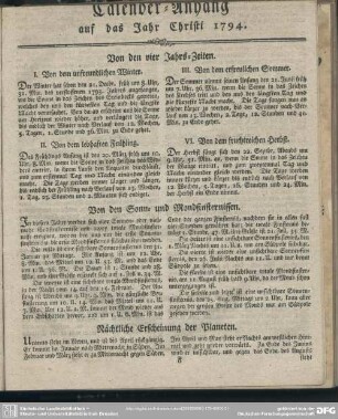 Calender-Anhang auf das Jahr Christi 1794