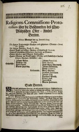 Religions-Commissions-Protocollum über die Beschwerden des Chur-Pfältzischen Ober-Ambts Bretten