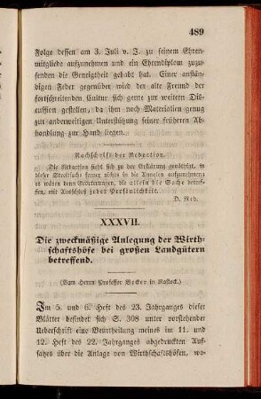 XXXVII. Die zweckmäßige Anlegung der Wirthschaftshöfe bei großen Landgütern betreffend