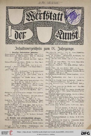 Inhaltsverzeichnis zum IX. Jahrgange