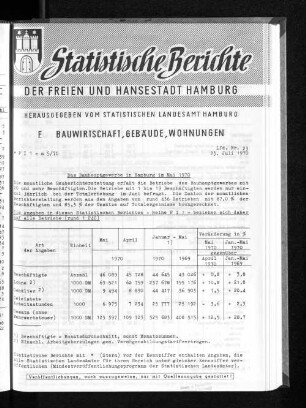 Das Bauhauptgewerbe in Hamburg im Mai 1970 : Lfd. Nr. 23