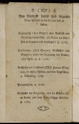 Bey Verleger dieses sind folgende Neue Bücher fertig worden zu haben.