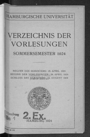 SS 1924: Verzeichnis der Vorlesungen // Hamburgische Universität
