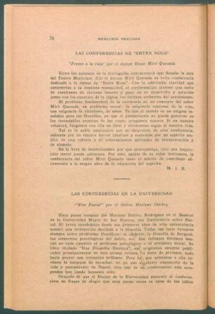 Las conferencias de "Entre Nous" : "Frente a la vida" por el doctor Oscar Miró Quesada