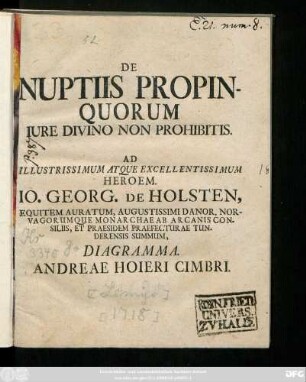 De Nuptiis Propinquorum Iure Divino Non Prohibitis : Ad Illustrissimum Atque Excellentissimum Heroem. Io. Georg. De Holsten, Equitem Auratum, Augustissimi Danor. Norvagorumque Monarchae Ab Arcanis Consiliis, Et Praesidem Praefecturae Tunderensis Summum