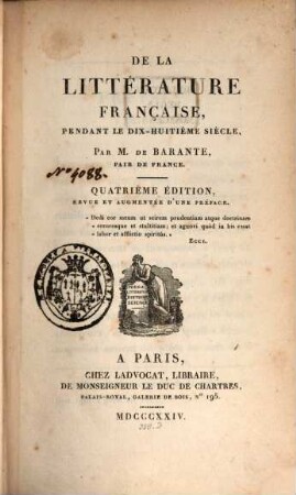 De La litterature Française, Pendant Le Dix-Huitième Siècle