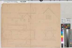 Herdecke (Herdecke) Stiftskirche Grundriß des Emporengeschosses, Süd- und Ostansicht, Balkenlage 1844 100 preuß. Fuß = 34 cm 50 x 67 kol. Zeichnung C. Umbeck, Wehringhausen
