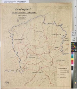 [Blatt] 14. Verkehrsplan 1. Verkehrsstrassen und Eisenbahnen [in Remscheid]. Remscheid, den 20. April 1928. Der Oberbürgermeister