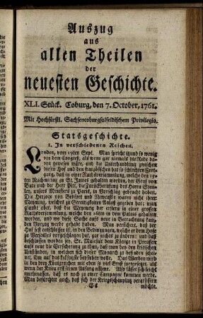 XLI. Stück. Coburg, den 7. October. 1761.