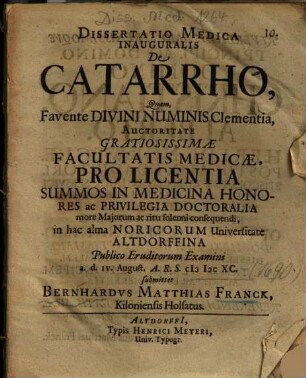 Dissertatio Medica Inauguralis De Catarrho