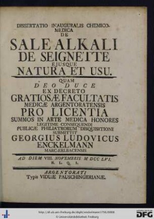Dissertatio Inauguralis Chemico-Medica De Sale Alkali De Seignette Ejusque Natura Et Usu