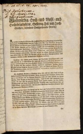 Hochwürdig- Hoch- und Wohl- auch Hochedelgebohrne, Gestreng-Fest und Hoch-Gelehrte, insonders Hochzuehrende Herren!