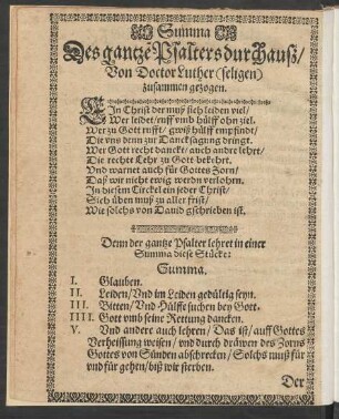 Summa Des gantzen Psalters durchauß/ Von Doctor Luther (seligen) zusammen gezogen.