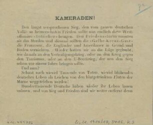 Kameraden! : Den längst versprochenen Sieg, den vom ganzen deutschen Volke so heissersehnten Frieden sollte uns endlich diese Westoffensive "totsicher" bringen ...