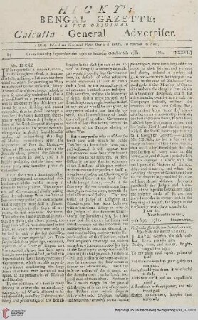 37: Hicky's Bengal gazette, or The original Calcutta general advertiser
