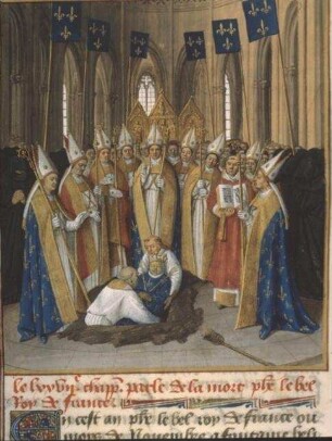 Grandes Chroniques de France — Beisetzung Philipps des Schönen in der Kathedrale von Saint-Denis, Folio 323