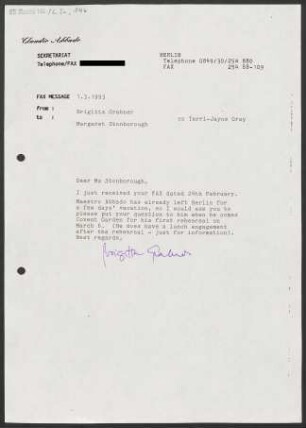 Brief an Margaret Stonborough an Friends of Covent Garden, 01.03.1993