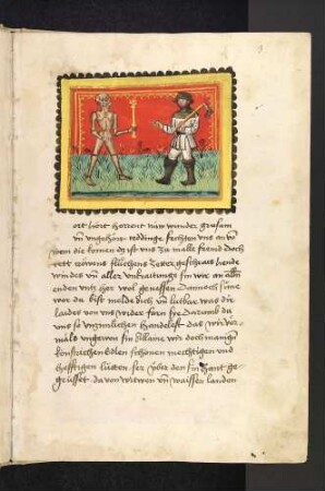 Dialogszene zwischen Tod und Ackermann: Der Tod fordert den Ackermann auf, Namen und Grund seiner Klage zu nennen