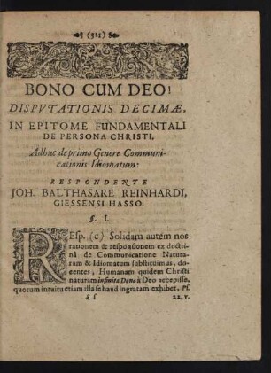 Bono Cum Deo! Disputationis Decimae, In Epitome Fundamentali De Persona Christi, Adhuc de primo Genere Communicationis Idiomatum: