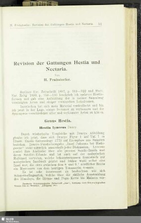 Revision der Gattungen Hestia und Nectaria
