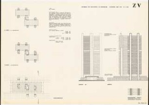 Bürohochhaus im Zooviertel, Berlin-Charlottenburg: 2. Fassung Oktober 1960. Ansichten, Schnitte und Grundrisse, 1:500, Erläuterungen