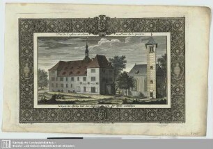 Prospect der Kirche und der Kellerey von der Wiese anzusehen