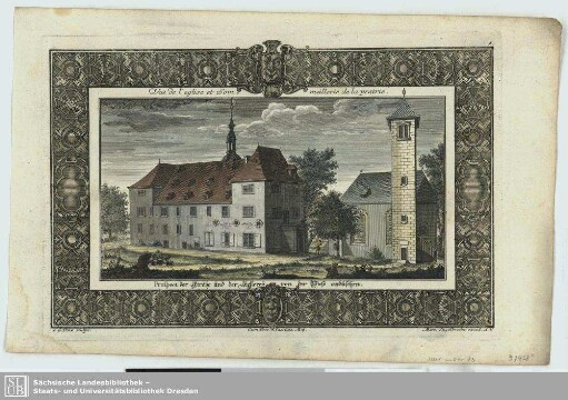 Prospect der Kirche und der Kellerey von der Wiese anzusehen